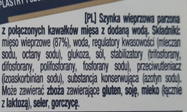 Etykieta szynki wieprzowej z dodatkami technologicznymi